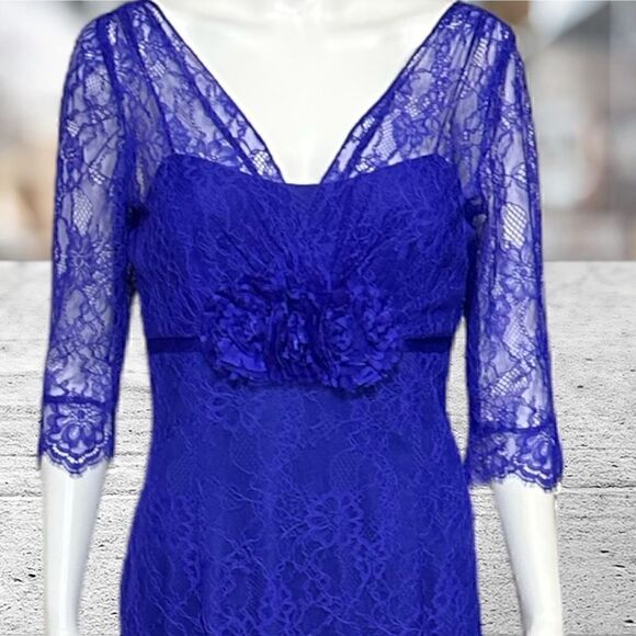 Rickie Freeman Blue Lace 3/4 Sleeve Long Dress Gown - Picture 3 of 8